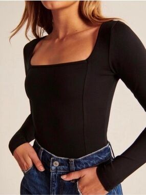 Abercrombie & Fitch Black Long Sleeve Ponte Squareneck Seamed Bodysuit